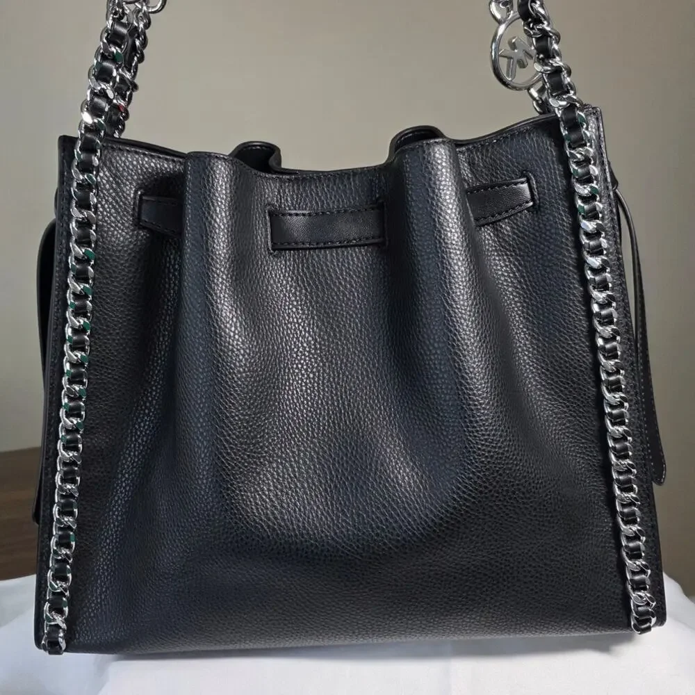 NEW Michael Kors MK Black Mina Large Chain Belted Vegan Leather Shoulder Bag